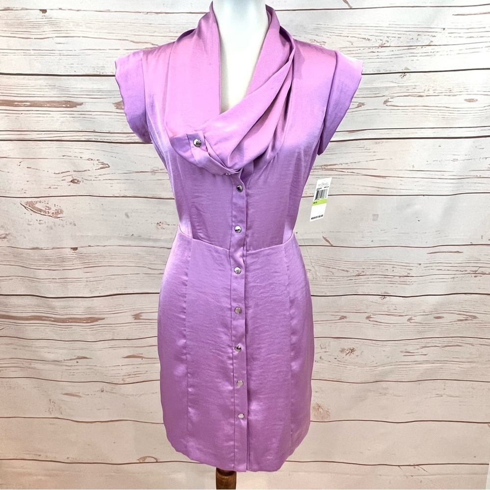 NWT Michael Kors Lilac Lavender Orchid Satin Cowl Neck Button Front Dress